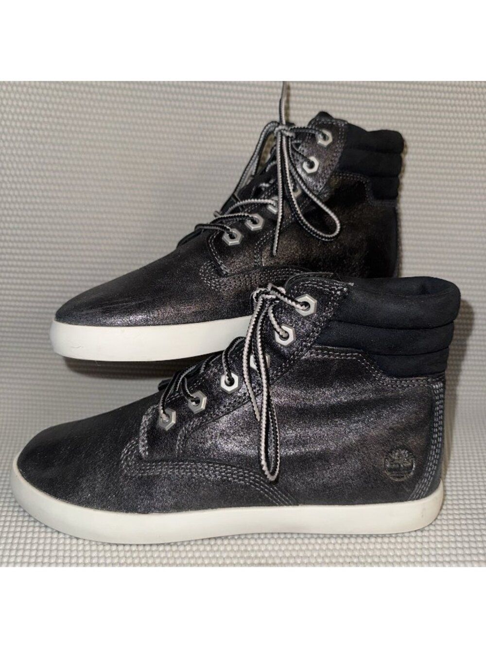 Timberland Dausette High Black Metallic Leather Lace Up Sneakers Women Size 6.5